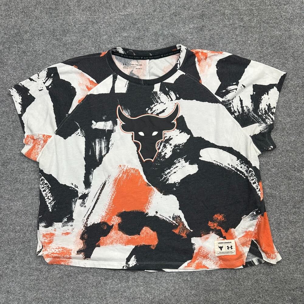 Under Armour Project Rock Tee Women 2XL PR BULL Gym T Shirt Black Orange Tie Dye